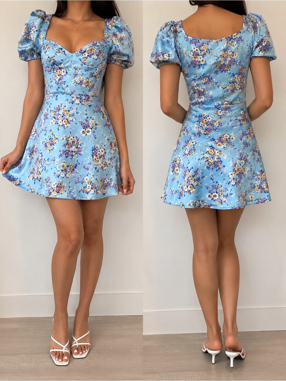 Zara Blue Floral Satin Puff Sleeve Mini Dress Size S